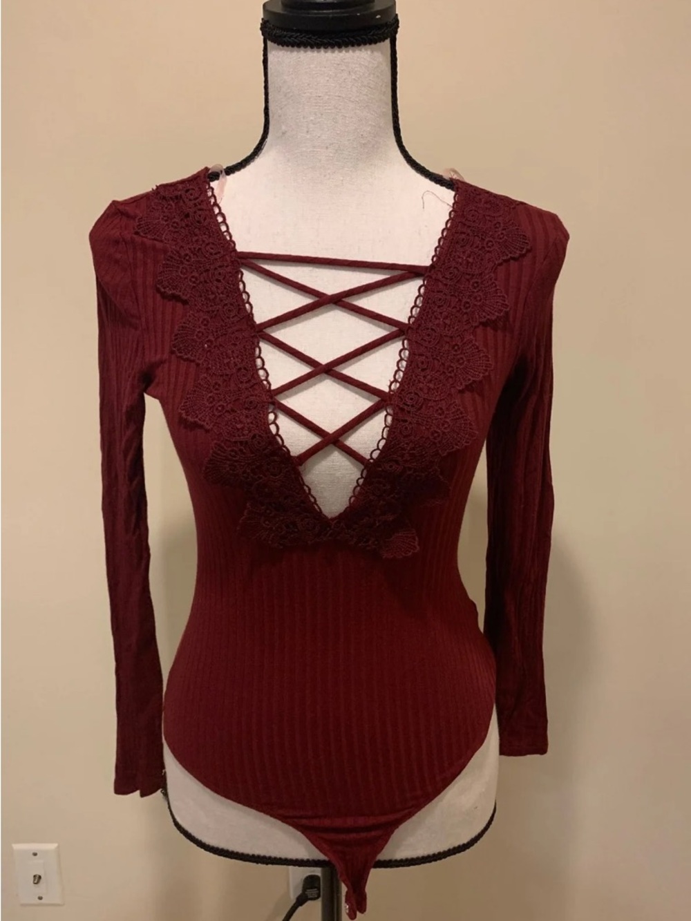 Charlotte Russe Burgundy Lace-Trim Crisscross Bodysuit